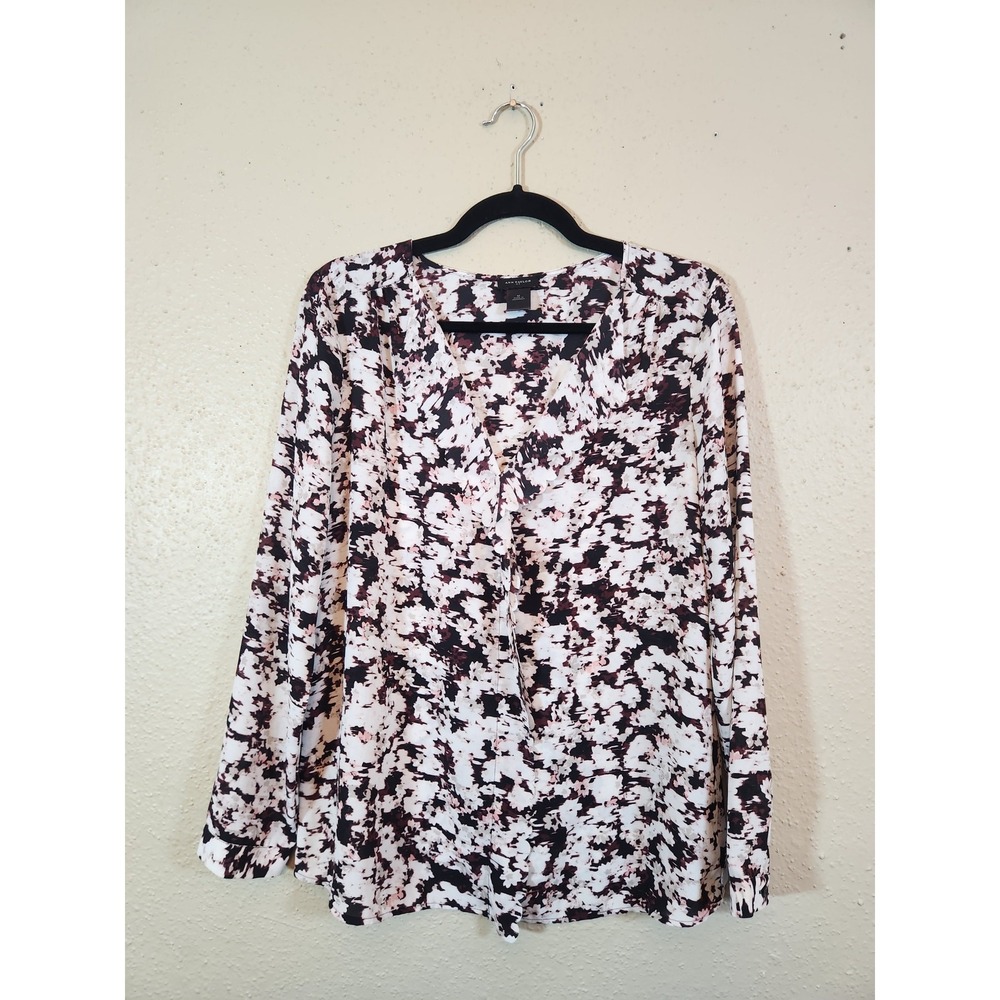Ann Taylor Womens Medium Black Pink Floral V-Neck Long Sleeve Blouse Top